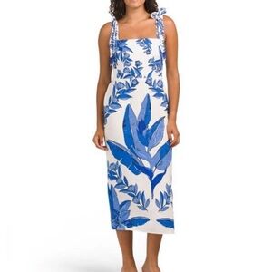 NWT Calypso St. Barth Blue White Printed Linen Bead Tie Shoulder Midi Dress - S